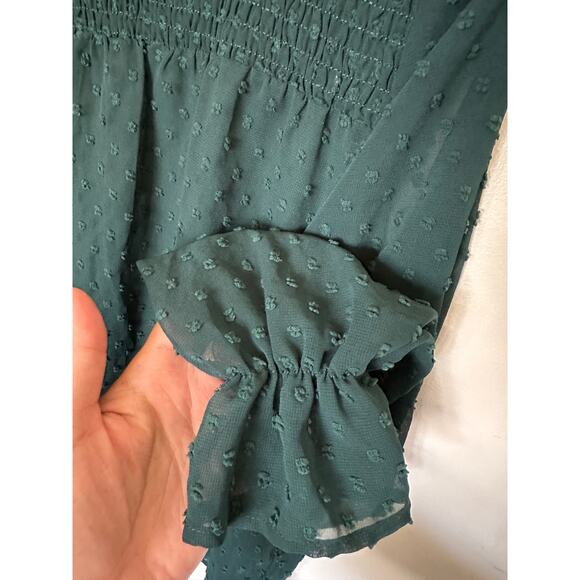 SIMU Women’s Casual Green Dot Texture Blouse, Round Neck Ruffle, Size Small - Picture 3 of 6